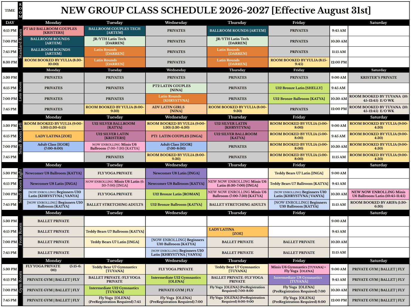New Group Class Schedule 2026-2027, effective August 31st