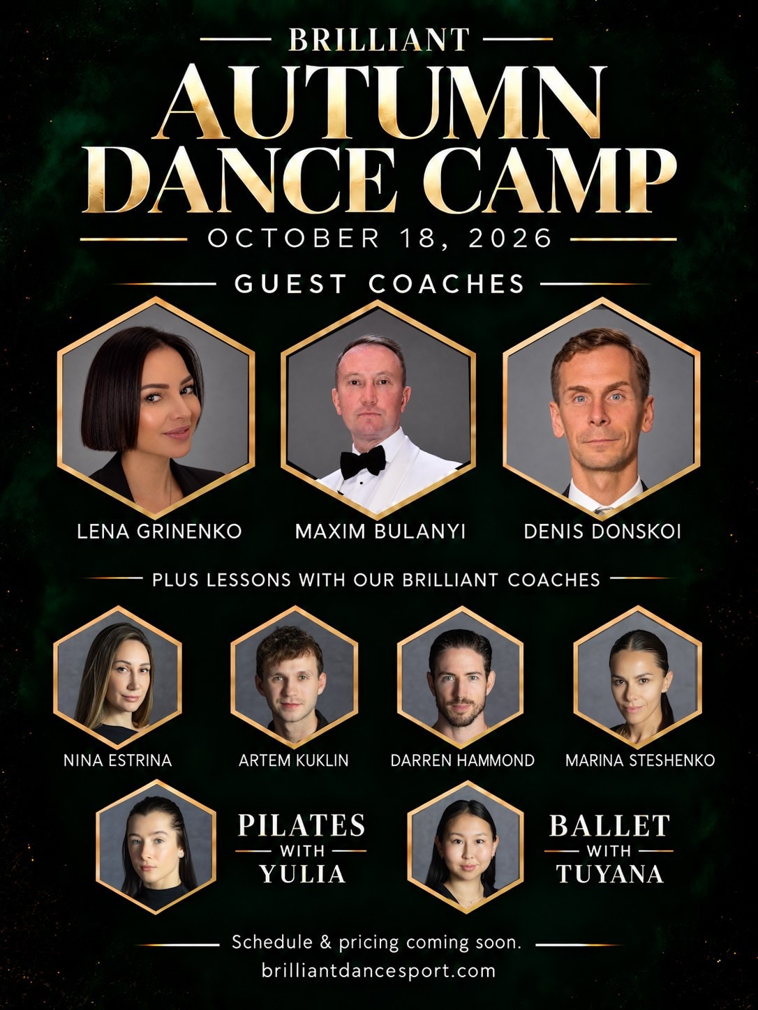 Flyer for the Brilliant Autumn Dance Camp on October 18, 2026, with guest coaches Lena Grinenko, Maxim Bulanyi and Denis Donskoi. Schedule and pricing coming soon.