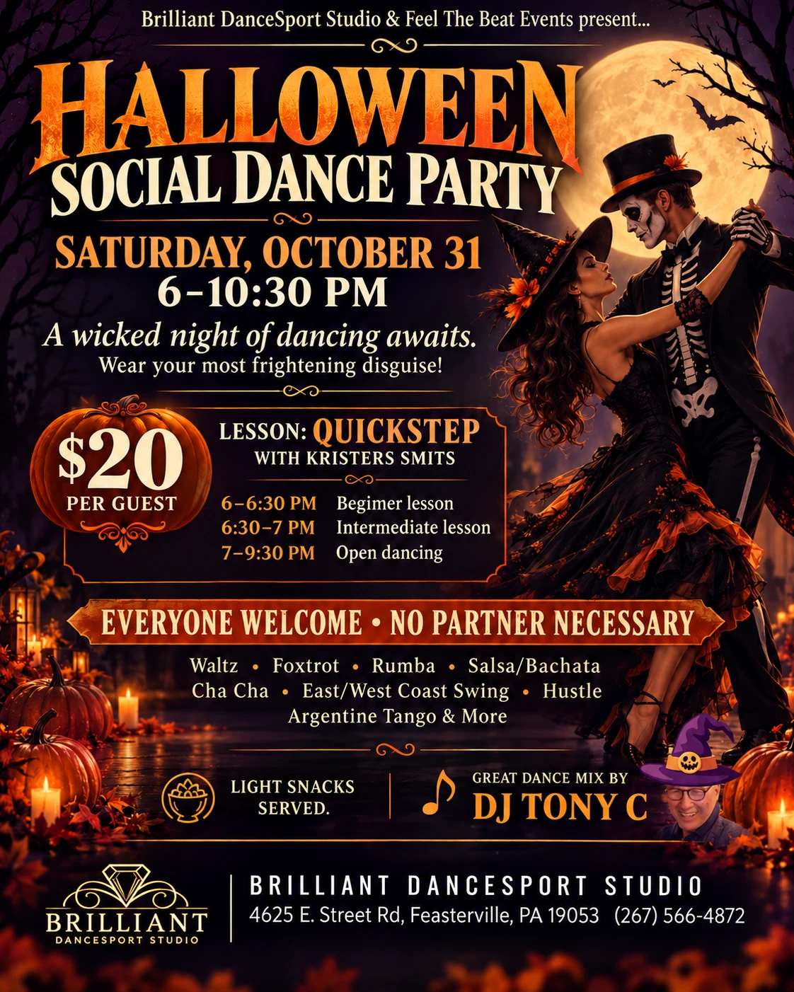 Flyer for the Halloween Social Dance Party on Saturday, October 31, 6 to 10:30 PM, $20 per guest, with a Quickstep lesson by Kristers Smits and music by DJ Tony C.