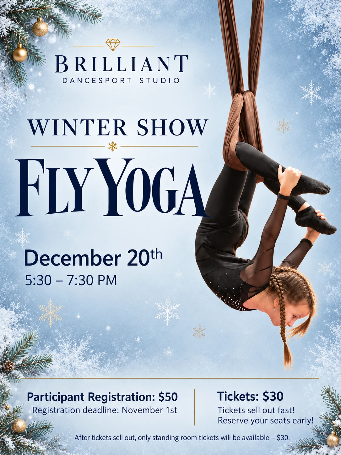 Flyer for the Winter Show: Fly Yoga on December 20, 5:30 to 7:30 PM. Participant registration $50 by November 1; tickets $30.